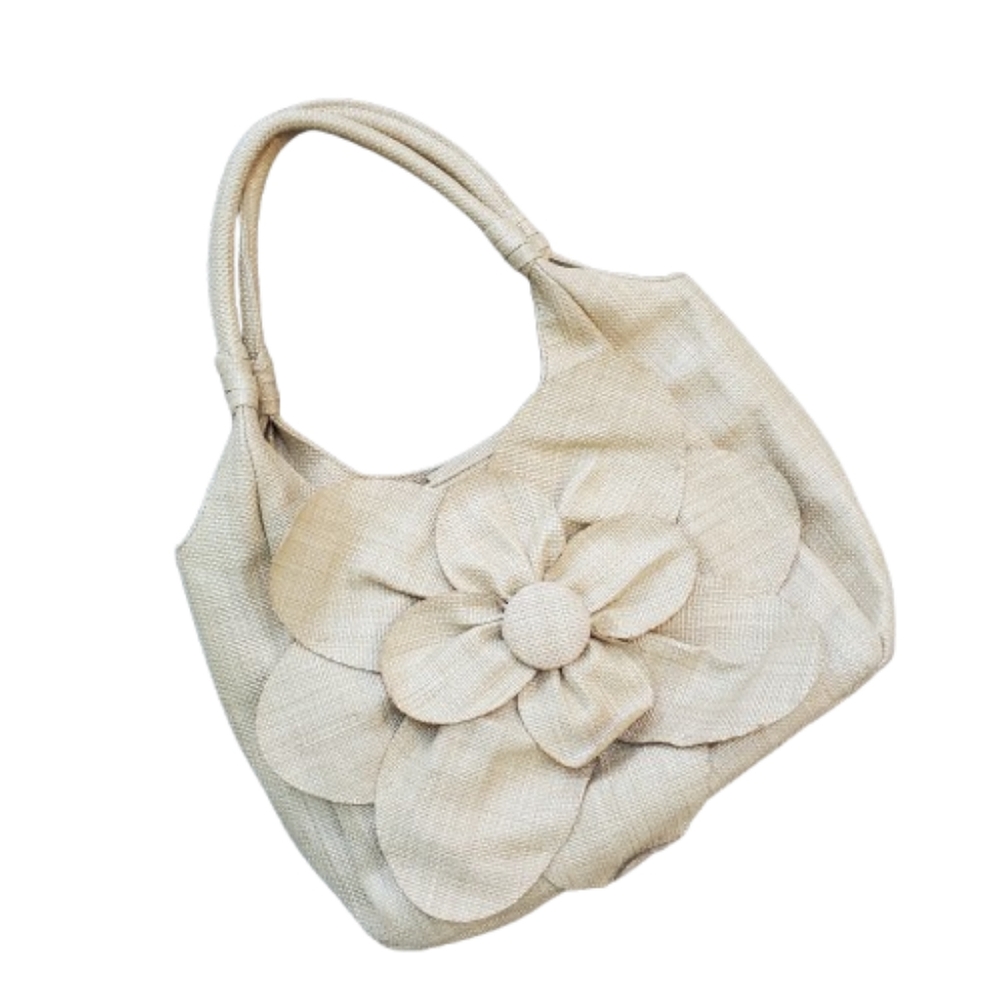 Elegant Tan Floral Shoulder Bag Woven Faux Straw